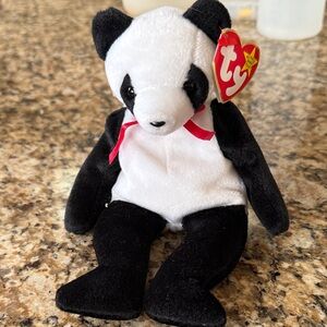 Ty Black and White Panda Plush with Red Ribbon